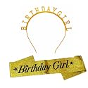 Propsicle Golden Birthday Girl Sash and Crown Tiara for Women Pack of 2