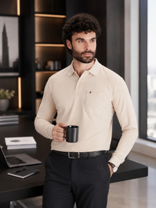 PRORIDERS Solid Men Polo Neck Beige T-Shirt