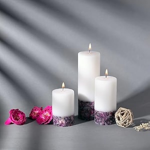prosperro lumo paraffin wax by parkash candles set of 3 fragrance pillar candles marble finish white rose petals