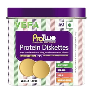 protwo high protein diskettes - 8g protein per serving i high protein biscuits enriched with whey casein and soy i healthy protein snack i vanilla flavour i sugar free i tin pack  50 diskettes i buy 1 get 1 free