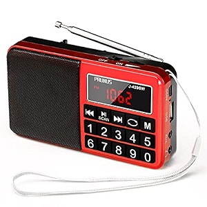 prunus j-429 small radio pocket am fm sw usb charging large button neodymium speaker auto save usb flash drive sd card aux input mp3 shortwave for elderly and seniorred