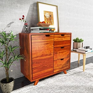 ps decor solid wood side board cabinet for living room reception crockery books  side cabinet with 3 drawers amp one cabinet storage with adjustable selves  sheesham wood honey finish unfinesd