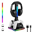 PS5 Controller Charger with RGB Headphone Stand, PS5 Controller Charging Station with 2 USB Port, Headset and Controllers Stand Holder for PlayStation 5, Gaming Gifts for Gamers Men