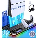 PS5/PS5 Slim Stand and Cooling Station with Controller Charging Station for Playsation 5, PS5 Accessories Kit Incl. 3 Levels Cooling Fan, LED, 15 Game Slot, Headset Holder for PS5 Digital/Disc Console