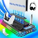 PS5/Slim/Pro Stand and Cooling Station with LED Controller Charging Station for PlayStation 5 Console,Accessories Incl.Controller Charger,PS5 Cooling Fan,Headset Holder,3 USB Hubs (Firework-Black)