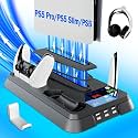 PS5/Slim/Pro Stand for PlayStation 5 Disc &amp; Digital Console, PS5 Cooling &amp; Charging Station, PS5 Controller Charger Incl.3 Level Fan,Headset, PS5/Slim/Pro Accessories Comes 3 USB Ports