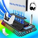 PS5/Slim/Pro Stand and Cooling Station with LED Controller Charging Station for PlayStation 5 Console,Accessories Incl.Controller Charger,PS5 Cooling Fan,Headset Holder,3 USB Hubs