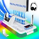 PS5/Slim/Pro Stand and Cooling Station with LED Controller Charging Station for PlayStation 5 Console,Accessories Incl.Controller Charger,PS5 Cooling Fan,Headset Holder,3 USB Hubs (pyramid-white)