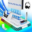PS5/Slim/Pro Stand and Cooling Station with LED Controller Charging Station for PlayStation 5 Console,Accessories Incl.Controller Charger,PS5 Cooling Fan,Headset Holder,3 USB Hubs (star triangle-white)