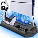 PS5 Slim Stand and Cooling Station with Controller Charging Station for Playsation 5 Slim&amp;Standard Disc/Digital Console, PS5 Accessories Incl. Charger/Turbo Fan/3 USB Hub/Headset Holder - Black