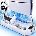 PS5 Slim Stand and Cooling Station with Controller Charging Station for Playsation 5 Slim&amp;Standard Disc/Digital Console, PS5 Accessories Incl. Controller Charger/Turbo Fan/3 USB Hub/Headset Holder