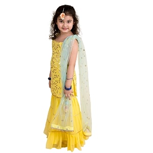 Pspeaches Girls Ethnic Yellow Embroidered Georgette Sleeveless