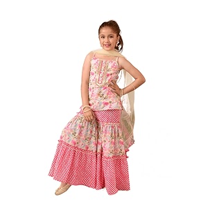 Pspeaches Girls Ethnic Cream Pink Cotton