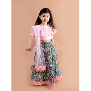 Pspeaches Girls Ethnic Pink Chanderi Short Sleeves