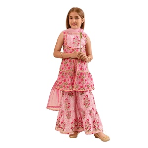 Pspeaches Girls Ethnic Pink Cotton Sleeveless Round