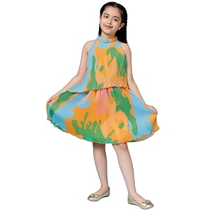 Pspeaches Girls Western Orange Georgette Sleeveless Halter