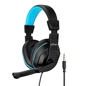 ptron studio lite stereo sound wired headphones ergonomic over-ear headset for work from home adjustable mic amp integrated volume control 35mm aux jack amp 13 meter tangle-free cord black amp blue