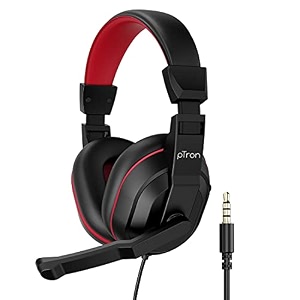 ptron studio lite stereo sound wired headphones ergonomic over-ear headset for work from home adjustable mic amp integrated volume control 35mm aux jack amp 13 meter tangle-free cord black amp red