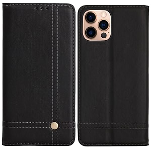 pudini flip cover for apple iphone 13 pro case pu leather auto magnet pouch closure - black