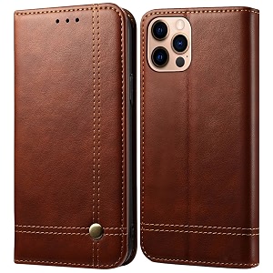 pudini flip cover for apple iphone 14 pro max case pu leather auto magnet pouch closure - brown