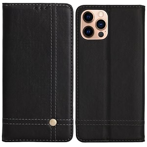 pudini flip cover for apple iphone 14 pro case pu leather auto magnet pouch closure - black