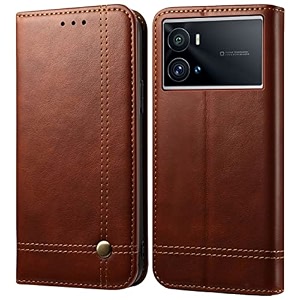 pudini flip cover for iqoo 9 pro case pu leather auto magnet pouch closure - brown