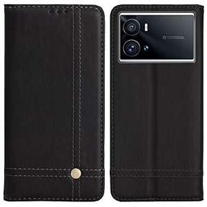 pudini flip cover for iqoo 9 pro case pu leather auto magnet pouch closure - black