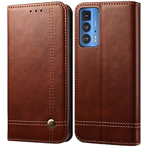 pudini flip cover for motorola edge 20 pro case pu leather auto magnet pouch closure - brown