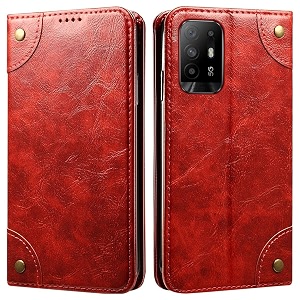 pu leather wallet folio case for oppo f19 pro pluspro flip cover book design pouch with stand amp card slot magnetic push closure - red