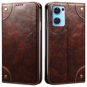 pu leather wallet folio case for oppo reno7 5g  oppo reno 7 5g flip cover book design pouch with stand amp card slot magnetic push closure - coffee