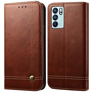 pudini flip cover for oppo reno6 5g  reno 6 5g case pu leather auto magnet pouch closure - brown
