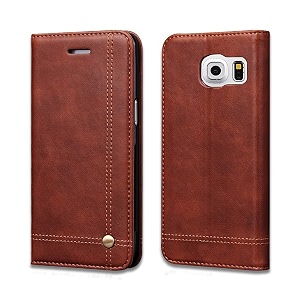 pudini flip cover for samsung galaxy s7 edge case pu leather auto magnet pouch closure - brown
