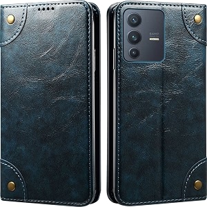 pu leather wallet folio case for vivo v23 5g flip cover book design pouch with stand amp card slot magnetic push closure - blue