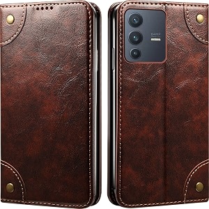 pu leather wallet folio case for vivo v23 5g flip cover book design pouch with stand amp card slot magnetic push closure - coffee