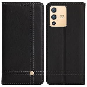 pudini flip cover for vivo v23 5g case pu leather auto magnet pouch closure - black