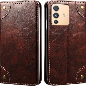 pu leather wallet folio case for vivo v23 pro 5g flip cover book design pouch with stand amp card slot magnetic push closure - coffee
