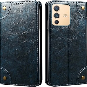 pu leather wallet folio case for vivo v23 pro 5g flip cover book design pouch with stand amp card slot magnetic push closure - blue
