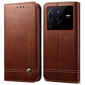 pudini flip cover for vivo x80 pro case pu leather auto magnet pouch closure - brown
