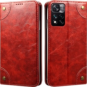 pu leather wallet folio case for xiaomi 11i 5g  11i hypercharge flip cover book design pouch with stand amp card slot magnetic push closure - red
