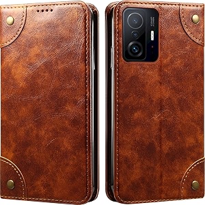 pu leather wallet folio case for xiaomi 11t pro 5g flip cover book design pouch with stand amp card slot magnetic push closure - brown