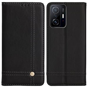 pudini flip cover for xiaomi 11t pro 5g case pu leather auto magnet pouch closure - black