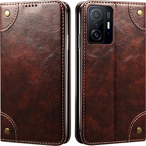 pu leather wallet folio case for xiaomi 11t pro 5g flip cover book design pouch with stand amp card slot magnetic push closure - coffee