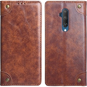 pu leather wallet folio case for oneplus 7t proone plus 7t pro  17t pro flip cover book design pouch with stand amp card slot magnetic push closure - brown