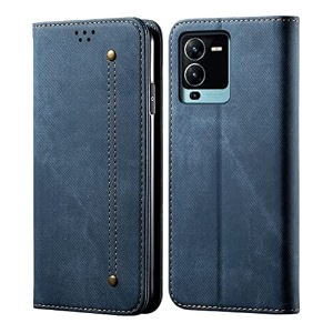 pudini luxury denim leather finish flip cover for vivo v25 pro wallet case cards slot with magnetic closer kickstand flip cover 360 protection - blue