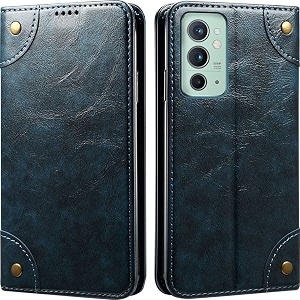 pu leather wallet folio case for oneplus 9rt flip cover book design pouch with stand amp card slot magnetic push closure - blue