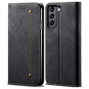 pudini luxury denim leather finish flip cover for samsung galaxy s22  galaxy s22 plus wallet case cards slot with magnetic closer kickstand flip cover 360 protection - black