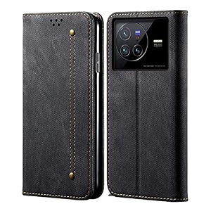 pudini luxury denim leather finish flip cover for vivo x80 wallet case cards slot with magnetic closer kickstand flip cover 360 protection - black
