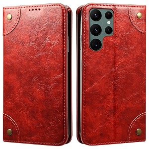 pu leather wallet folio case for samsung galaxy s22 ultra flip cover book design pouch with stand amp card slot magnetic push closure - red
