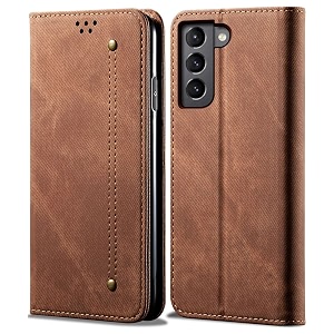 pudini luxury denim leather finish flip cover for samsung galaxy s22  galaxy s22 plus wallet case cards slot with magnetic closer kickstand flip cover 360 protection - brown
