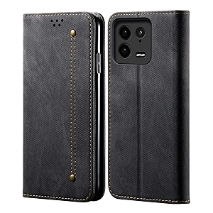 pudini luxury denim leather finish flip cover for xiaomi 13 pro wallet case cards slot with magnetic closer kickstand flip cover 360 protection - black